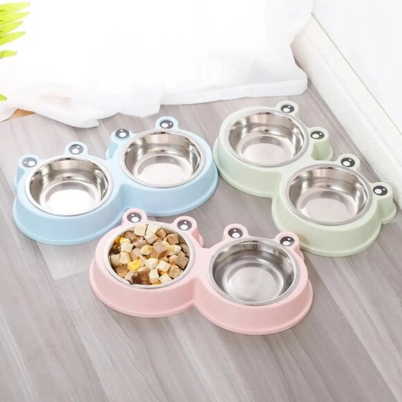 Pet Dog Food Feeder Double Bowl Stainless Steel Rounded Cute Cartoon Frog Style - Picture 5 of 7